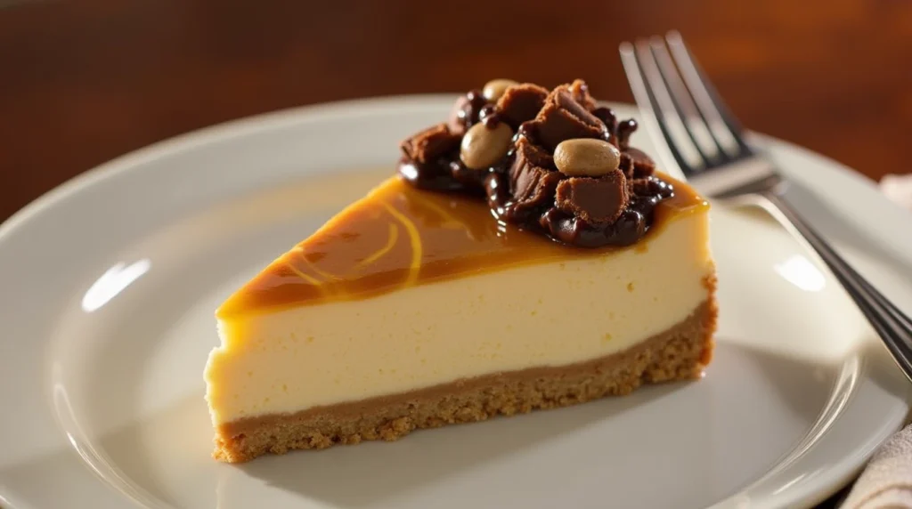 "A slice of Reese's Caramel Cheesecake with caramel drizzle, chocolate ganache, and Reese's pieces on a graham cracker crust."