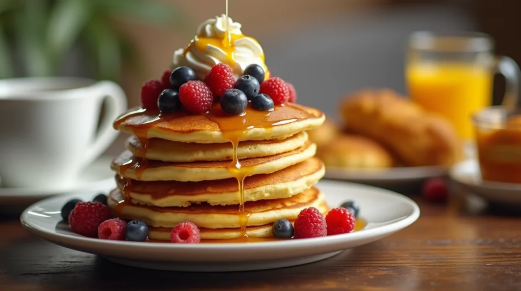 A stack of golden pancakes topped with maple syrup, fresh berries, and whipped cream, served on a rustic wooden table with coffee and orange juice.