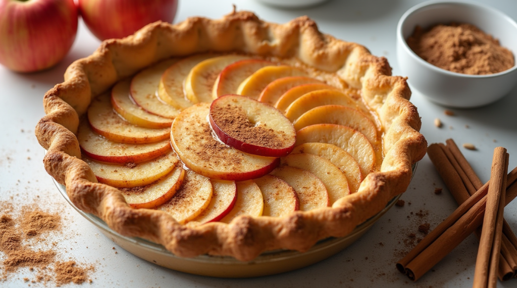 A freshly baked keto apple pie with a golden almond flour crust, spiced filling, and a dusting of cinnamon, served on a rustic wooden table.