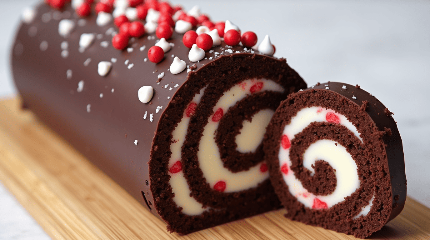 "Discover how to create a festive Chocolate Peppermint Yule Log, featuring rich chocolate sponge cake and a refreshing peppermint cream filling."​